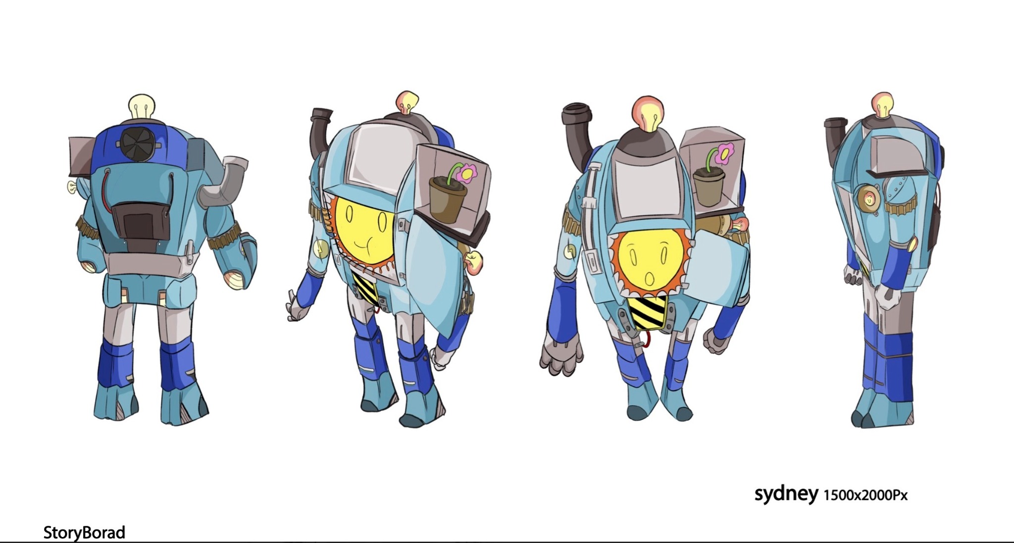 Sydney robot character design, showing four views
